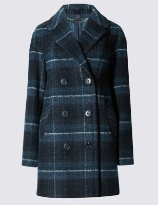 Collared Neck Checked Overcoat with Wool
